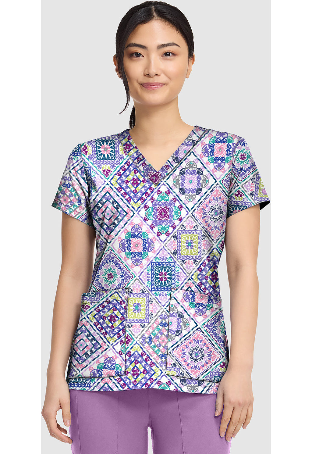 Prints MC8564 Women's V-Neck Print Scrub Top Crochet All Day