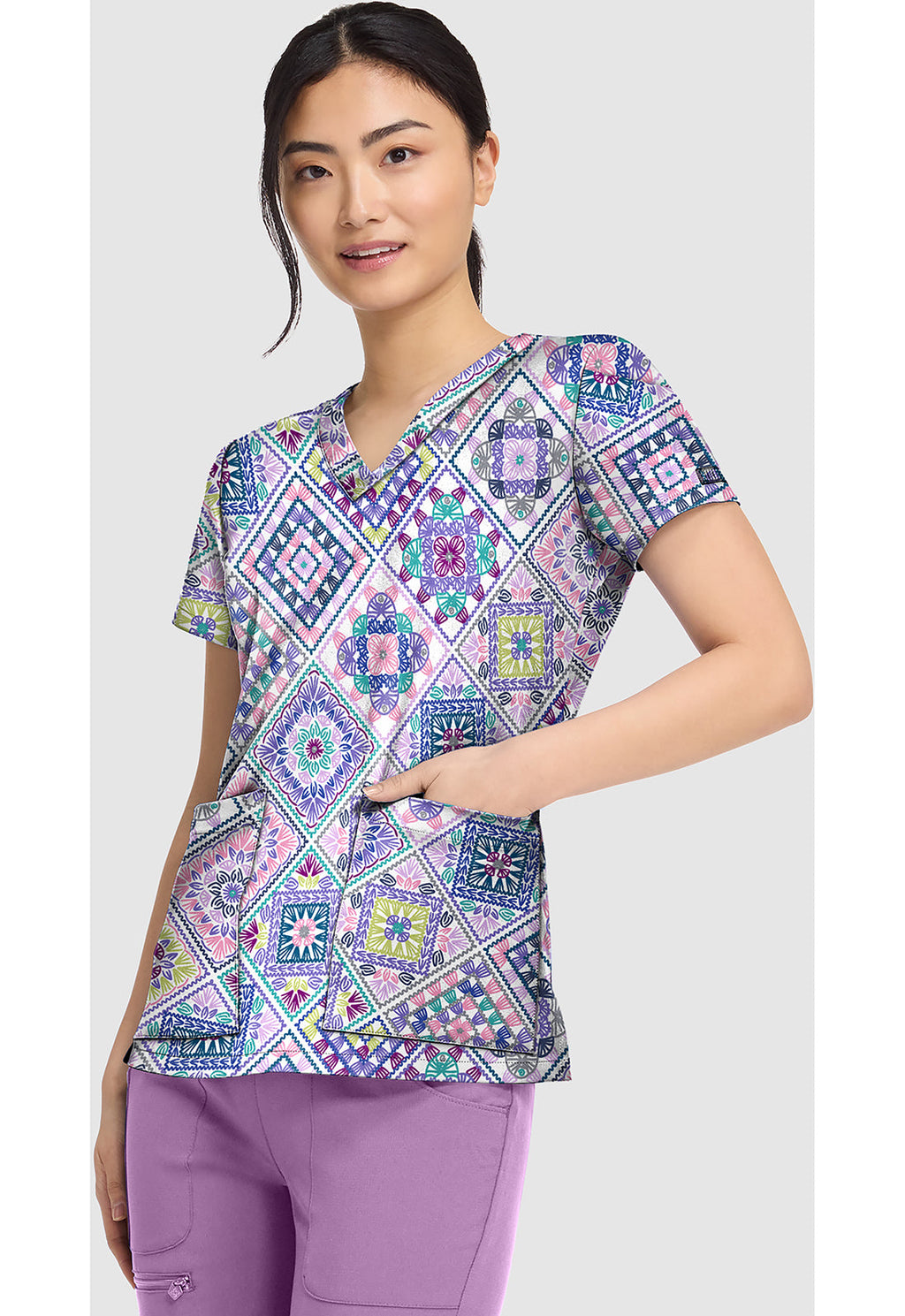Prints MC8564 Women's V-Neck Print Scrub Top Crochet All Day