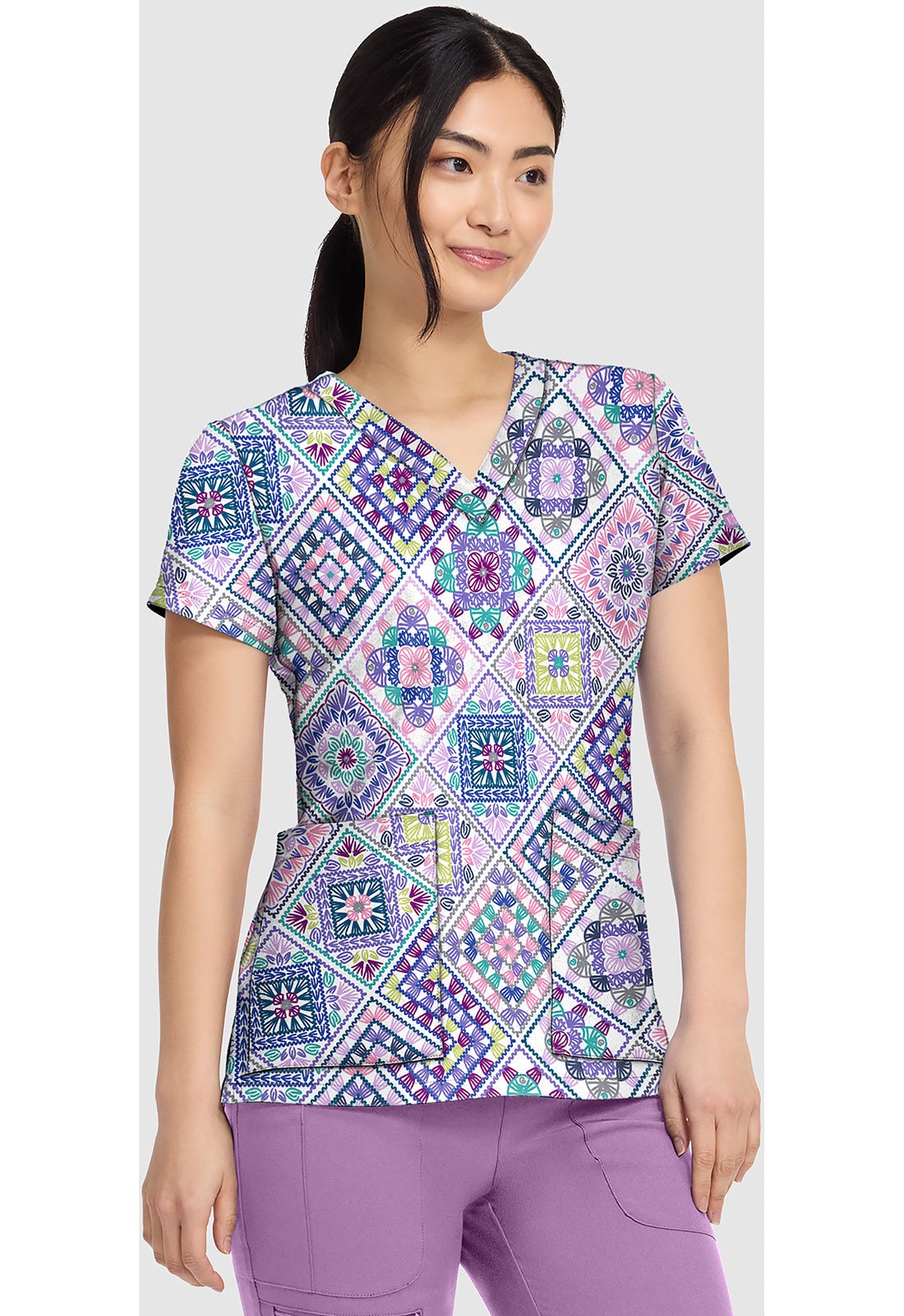 Prints MC8564 Women's V-Neck Print Scrub Top Crochet All Day