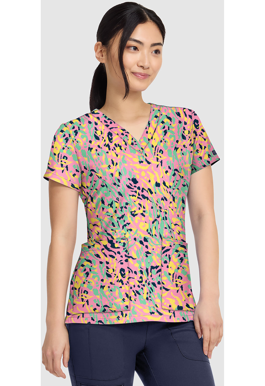 Prints MC8564 Women's V-Neck Print Scrub Top Tutti Fruitti Tiger