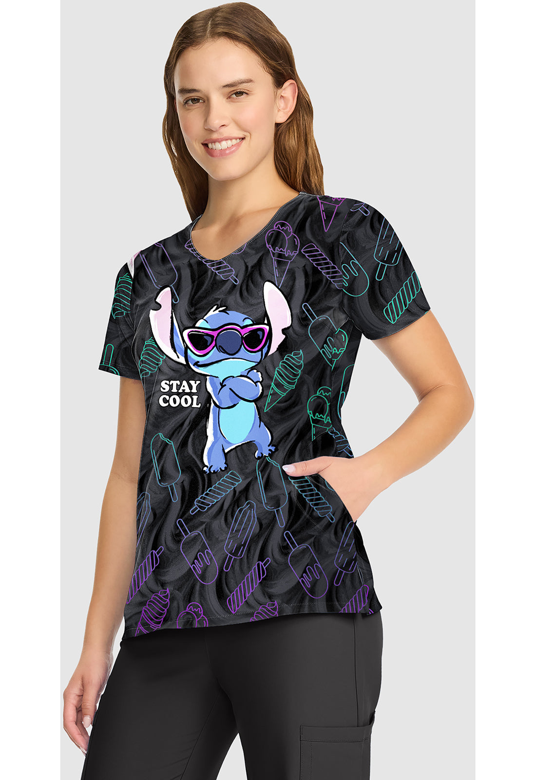 Tooniforms TF626 Women's V-Neck Print Scrub Top Stitch Too Cool