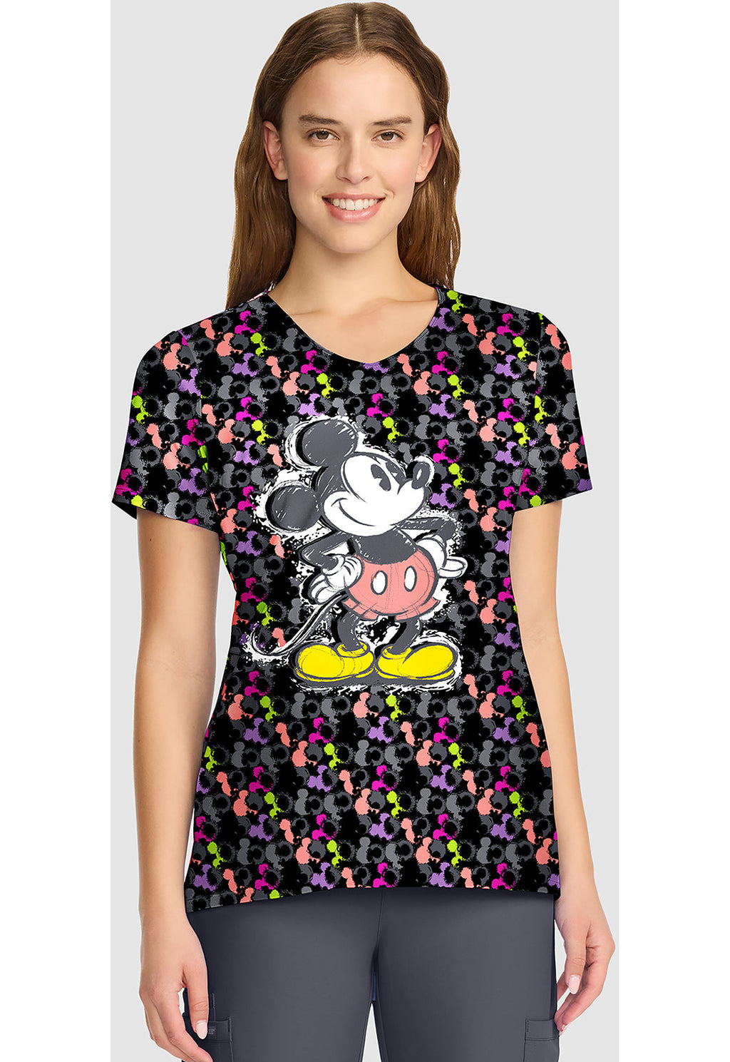 Tooniforms TF626 Women's V-Neck Print Scrub Top Iconic Mickey