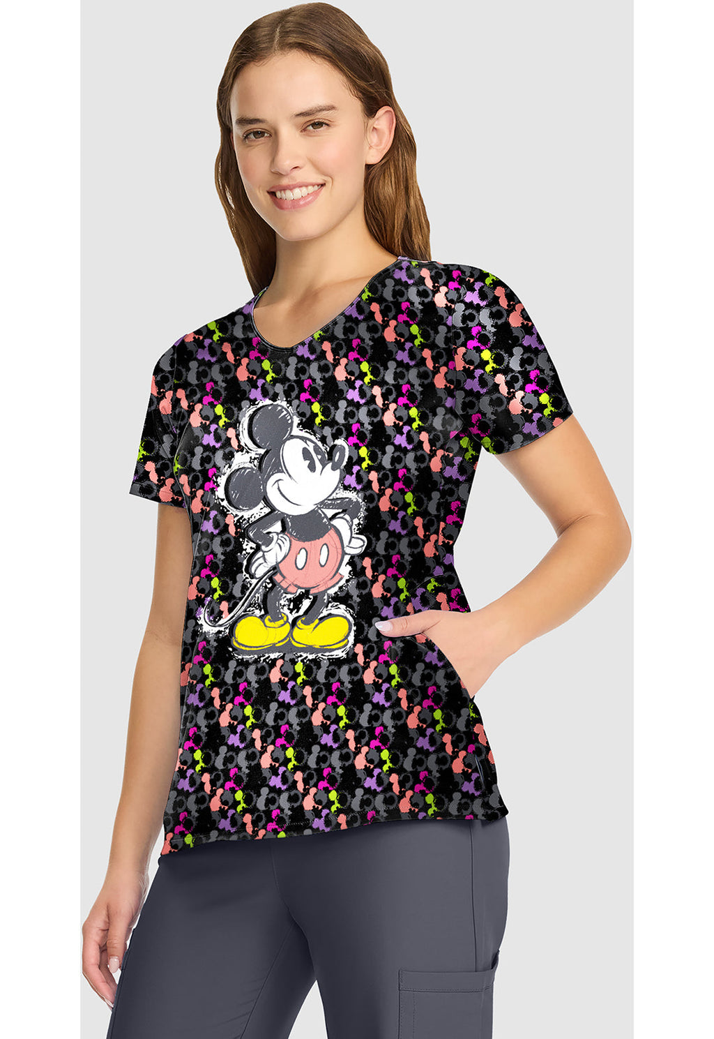 Tooniforms TF626 Women's V-Neck Print Scrub Top Iconic Mickey