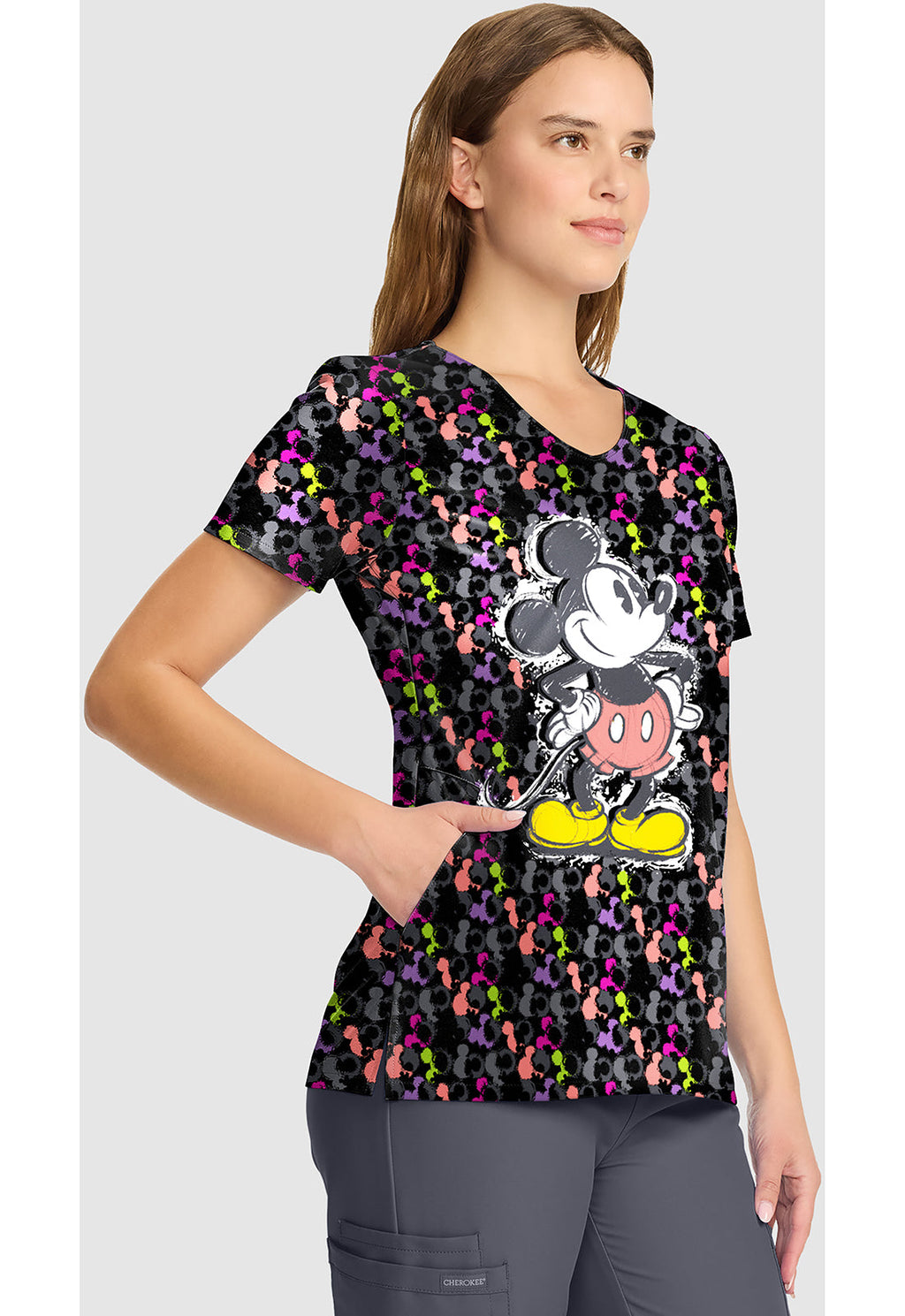 Tooniforms TF626 Women's V-Neck Print Scrub Top Iconic Mickey