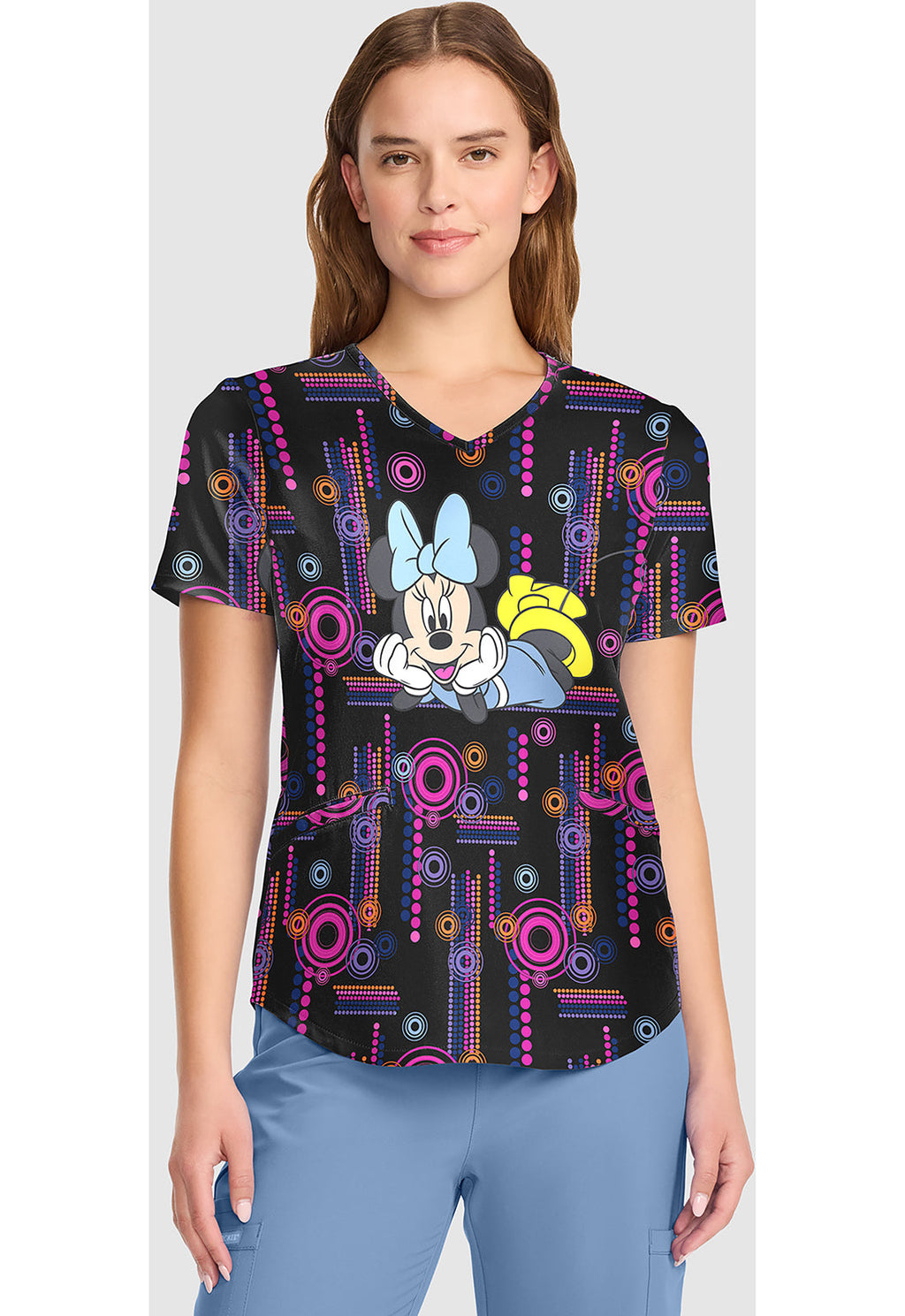 Tooniforms TF737 Women's V-Neck Print Scrub Top Minnie Spotlight