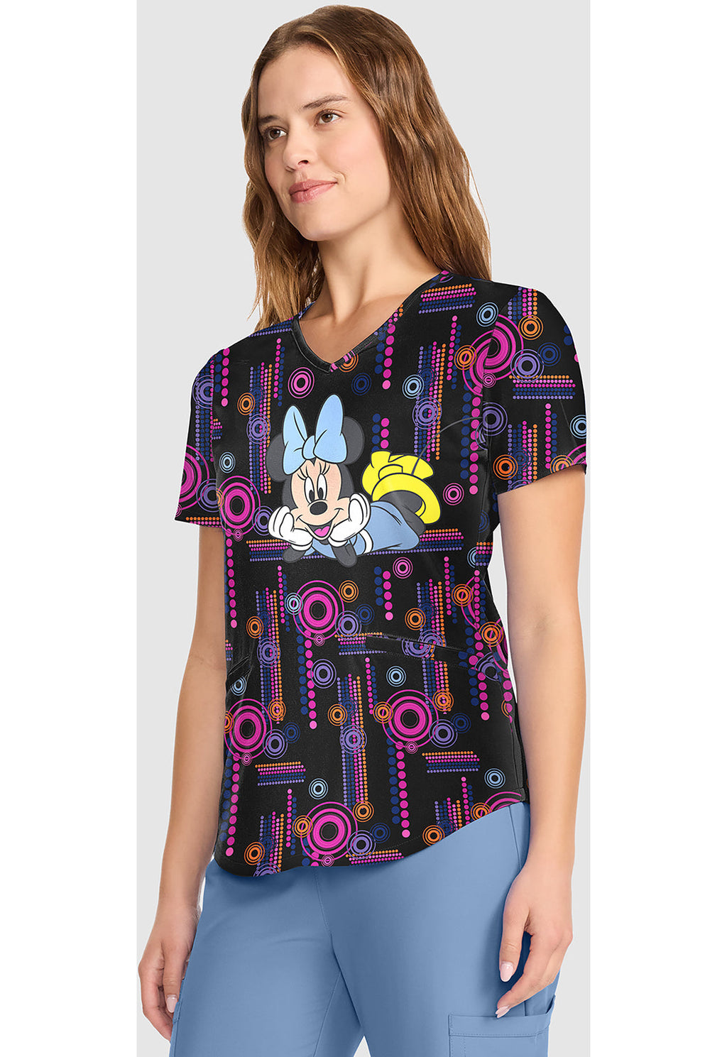 Tooniforms TF737 Women's V-Neck Print Scrub Top Minnie Spotlight
