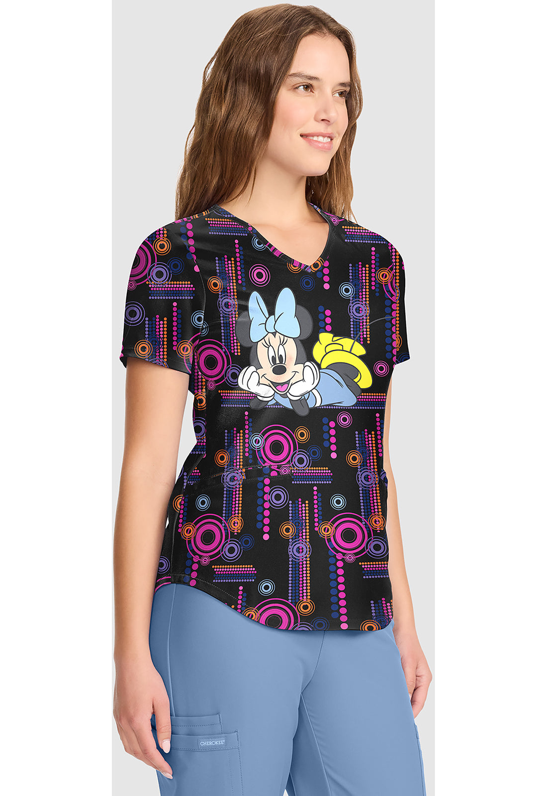 Tooniforms TF737 Women's V-Neck Print Scrub Top Minnie Spotlight