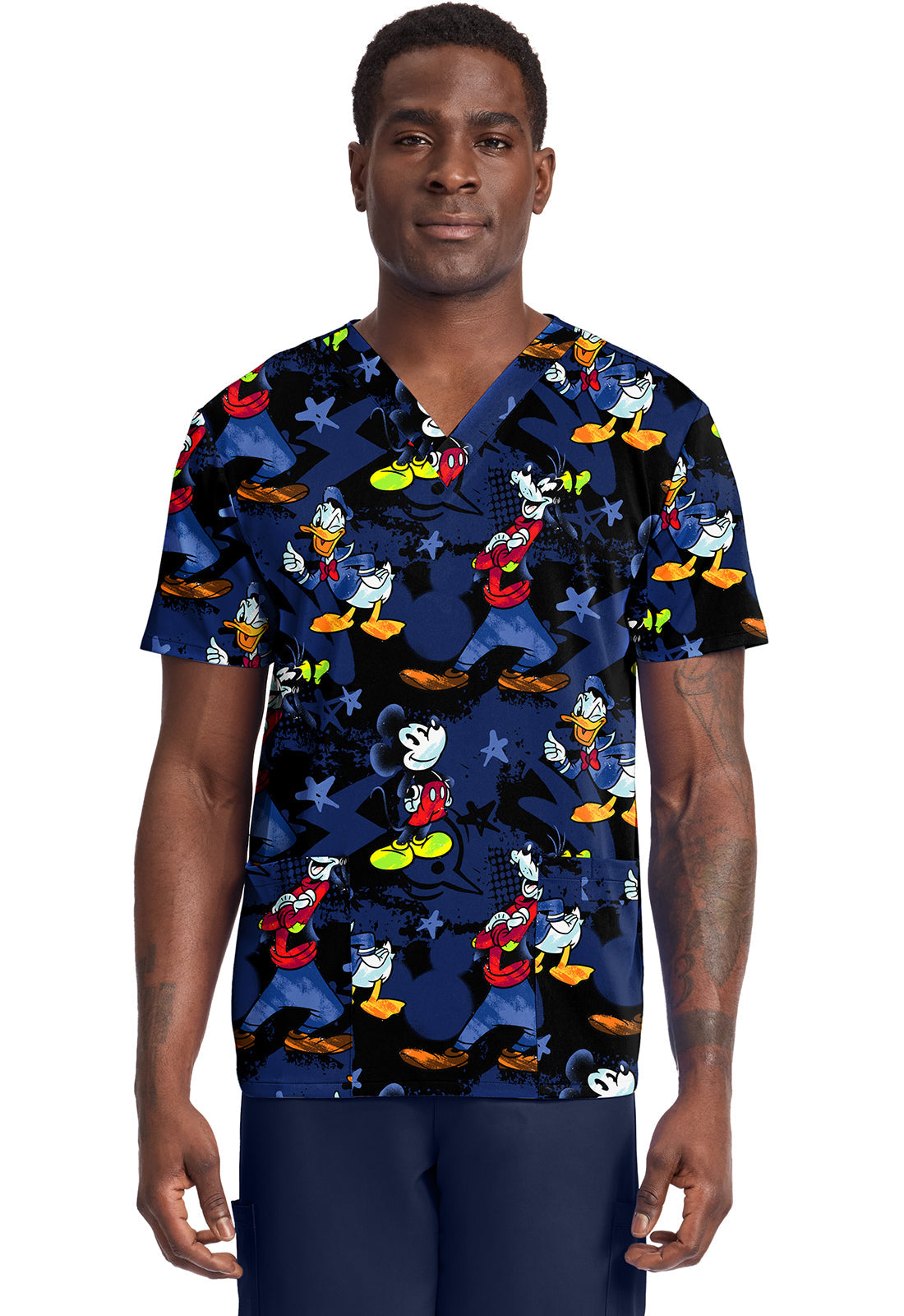 Tooniforms TF788 Men's Print V-Neck Top Mickey Bro Time