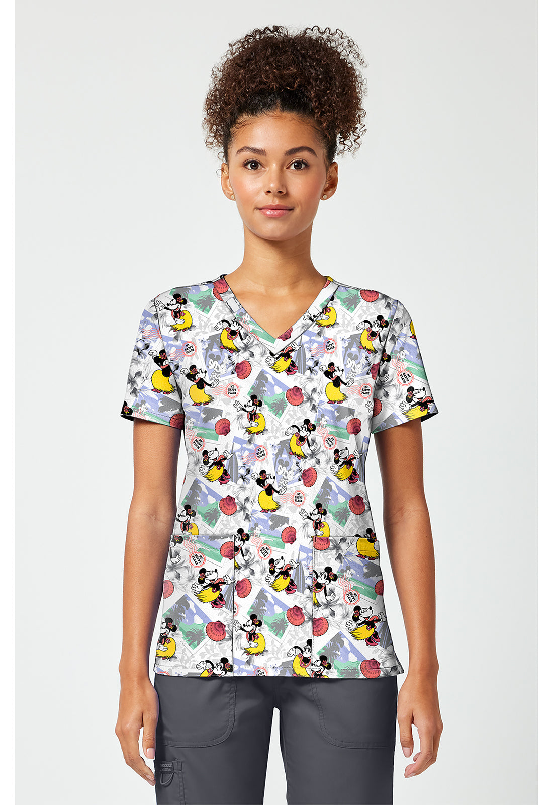 Licensed TF796 Print V-Neck Top Minnie Happy Place