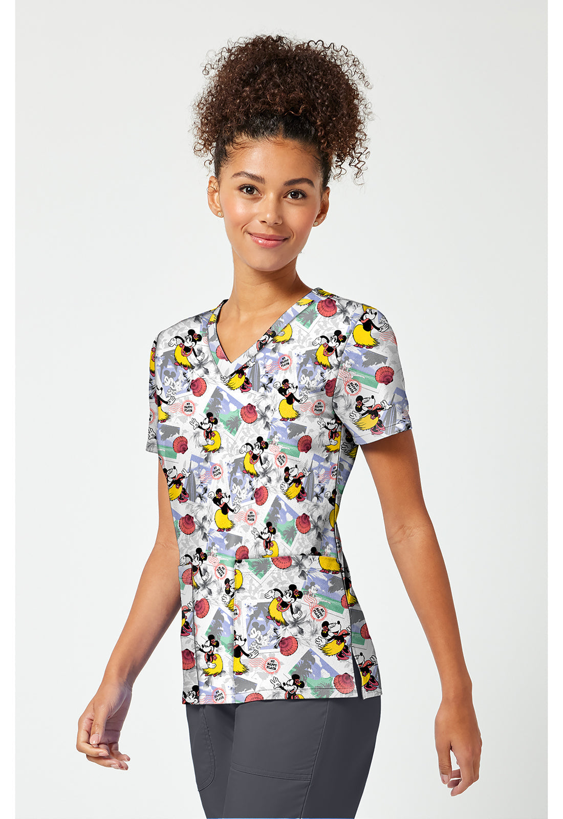 Tooniforms TF796 Women's Print V-Neck Scrub Top Minnie Happy Place