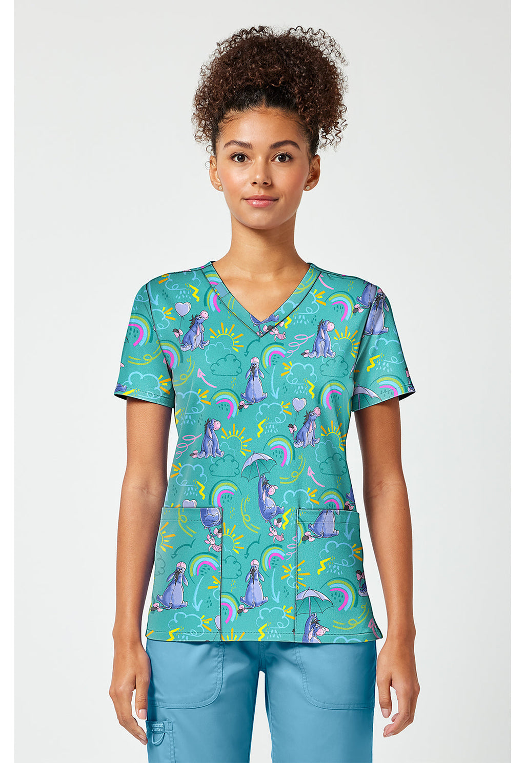 Tooniforms TF796 Women's Print V-Neck Scrub Top Eeyore Rain Or Shine