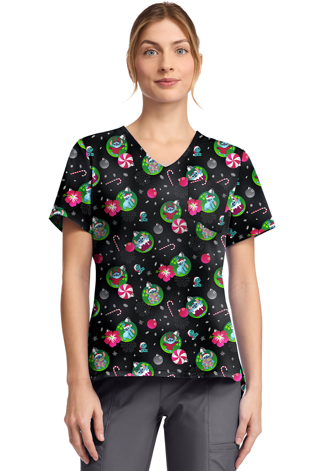 Tooniforms TF797 Print V-Neck Top Baubles And Bulbs