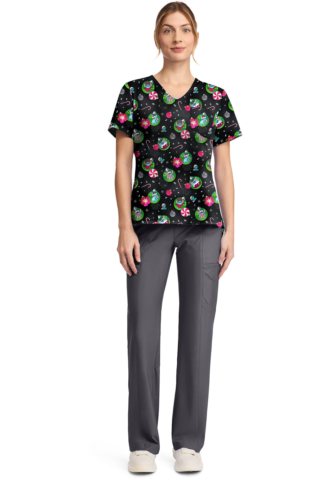 Tooniforms TF797 Print V-Neck Top Baubles And Bulbs