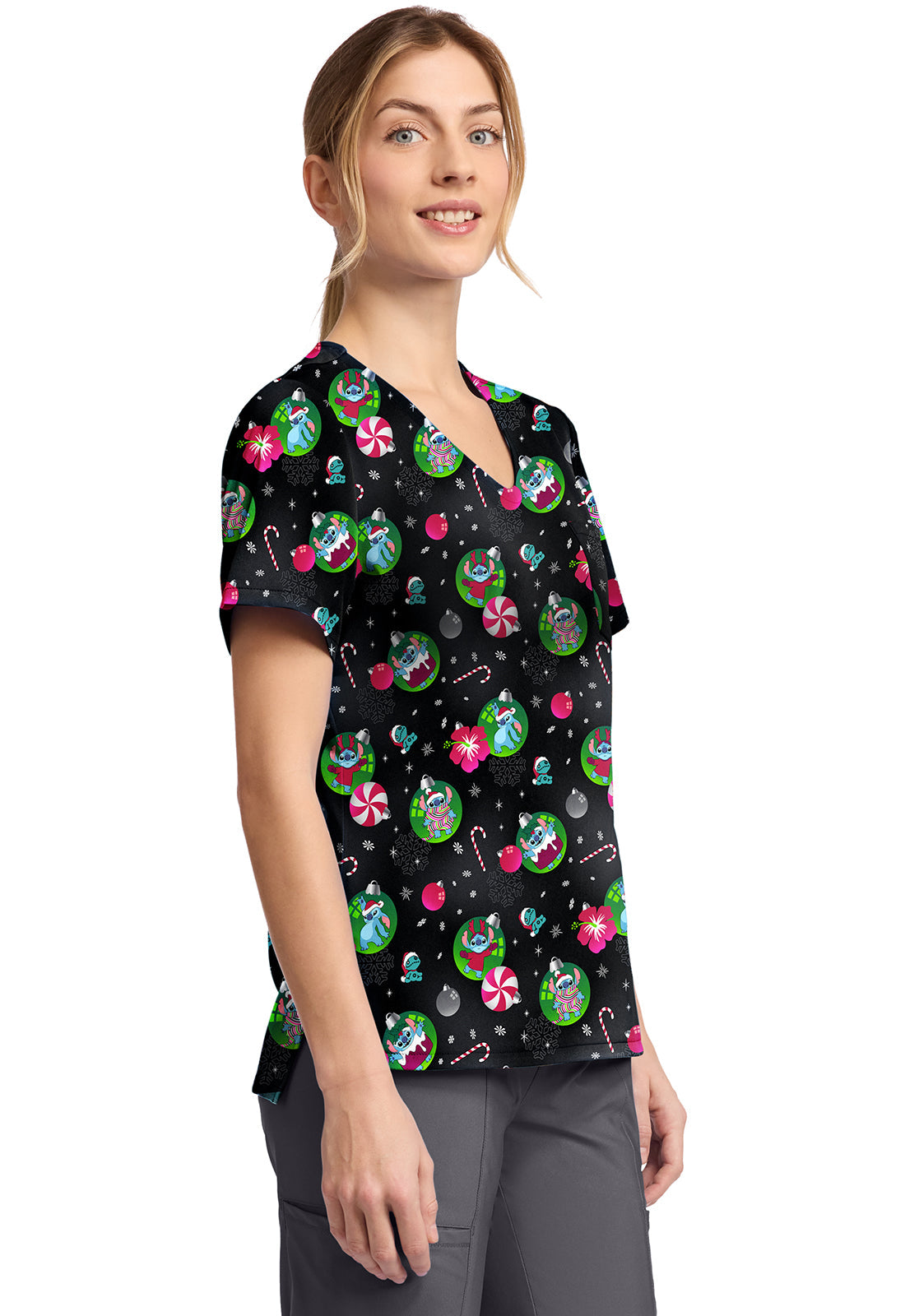 Tooniforms TF797 Print V-Neck Top Baubles And Bulbs