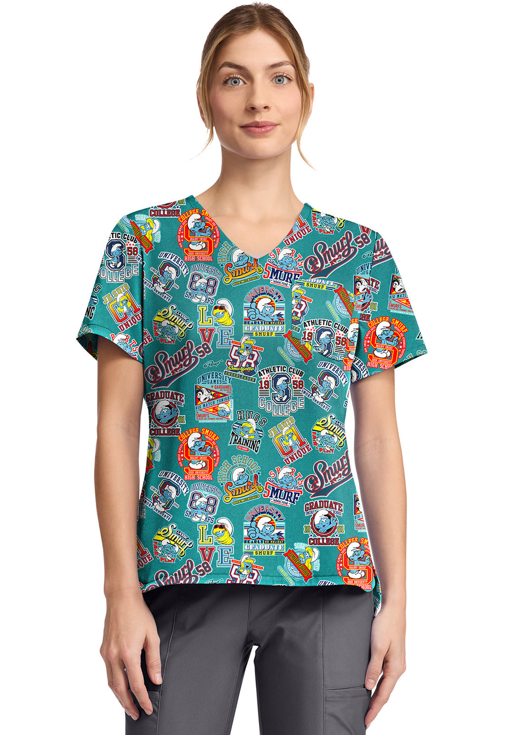 Tooniforms TF797 Print V-Neck Top Collegiate Smurfs