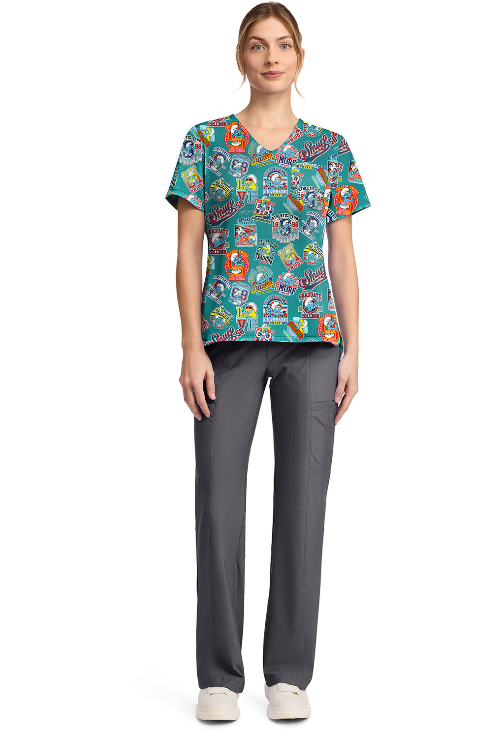 Tooniforms TF797 Print V-Neck Top Collegiate Smurfs