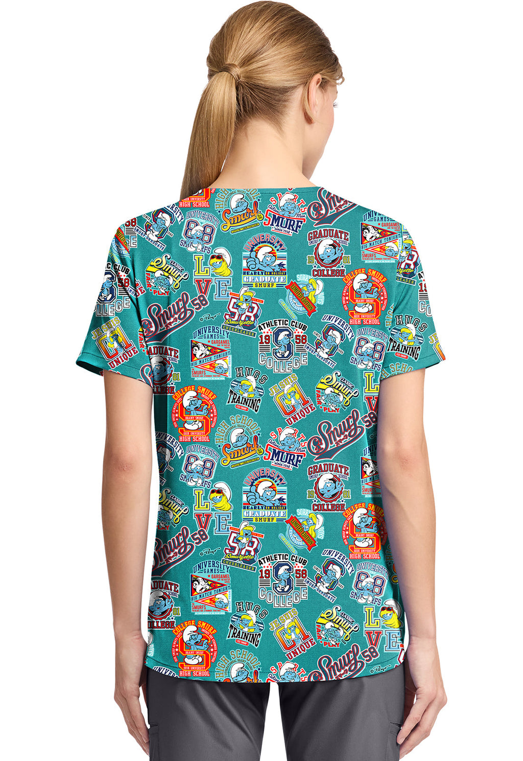 Tooniforms TF797 Print V-Neck Top Collegiate Smurfs