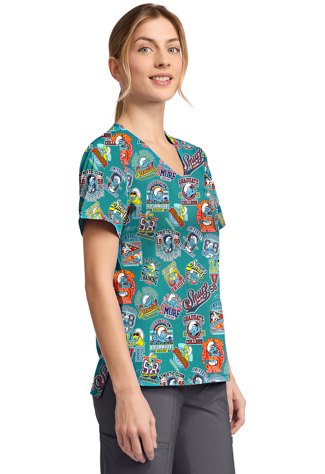Tooniforms TF797 Print V-Neck Top Collegiate Smurfs