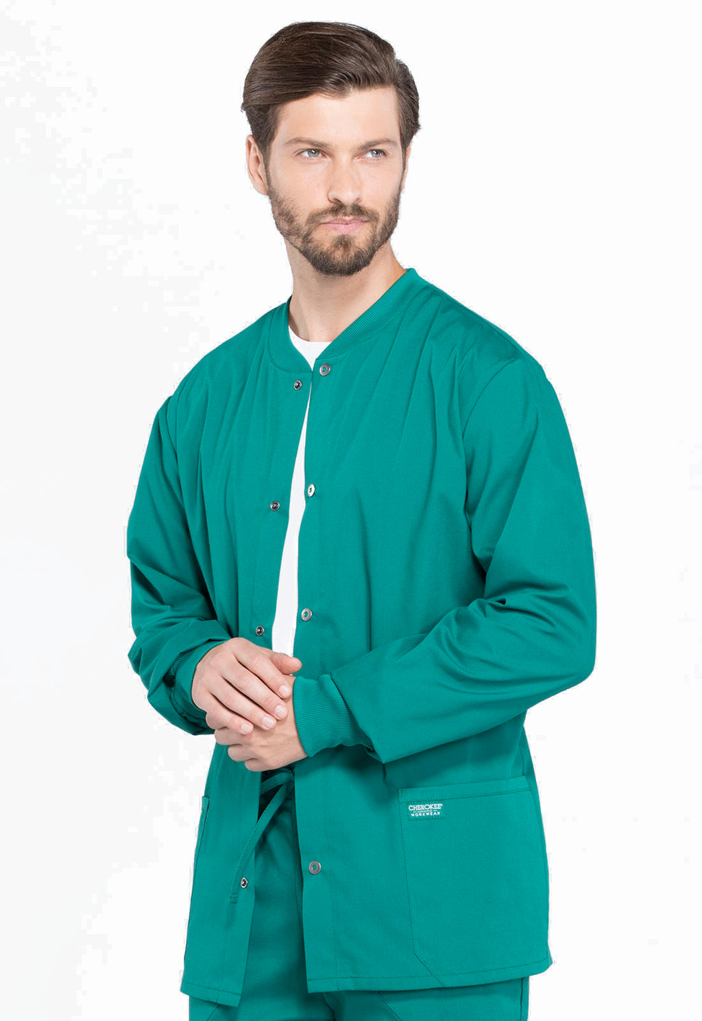 Professionals WW360 Men's Snap Front Jacket Hunter Green Model Image Right Side | Cherokee Workwear