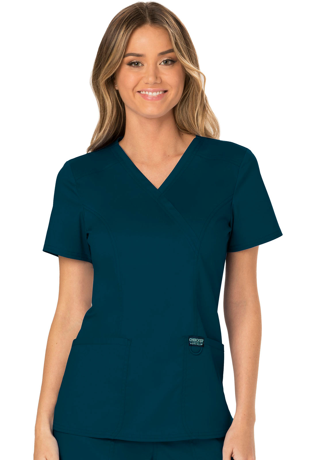 Workwear Revolution WW610 Women's Mock Wrap Scrub Top Caribbean Blue