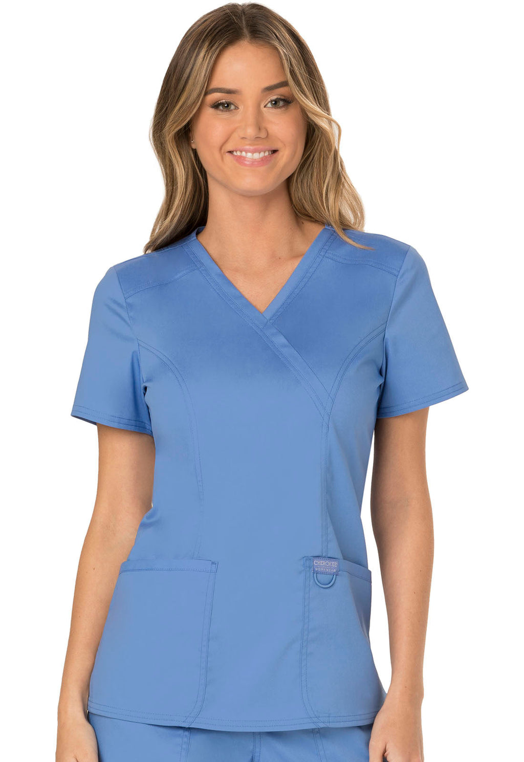 Workwear Revolution WW610 Women's Mock Wrap Scrub Top Ciel Blue