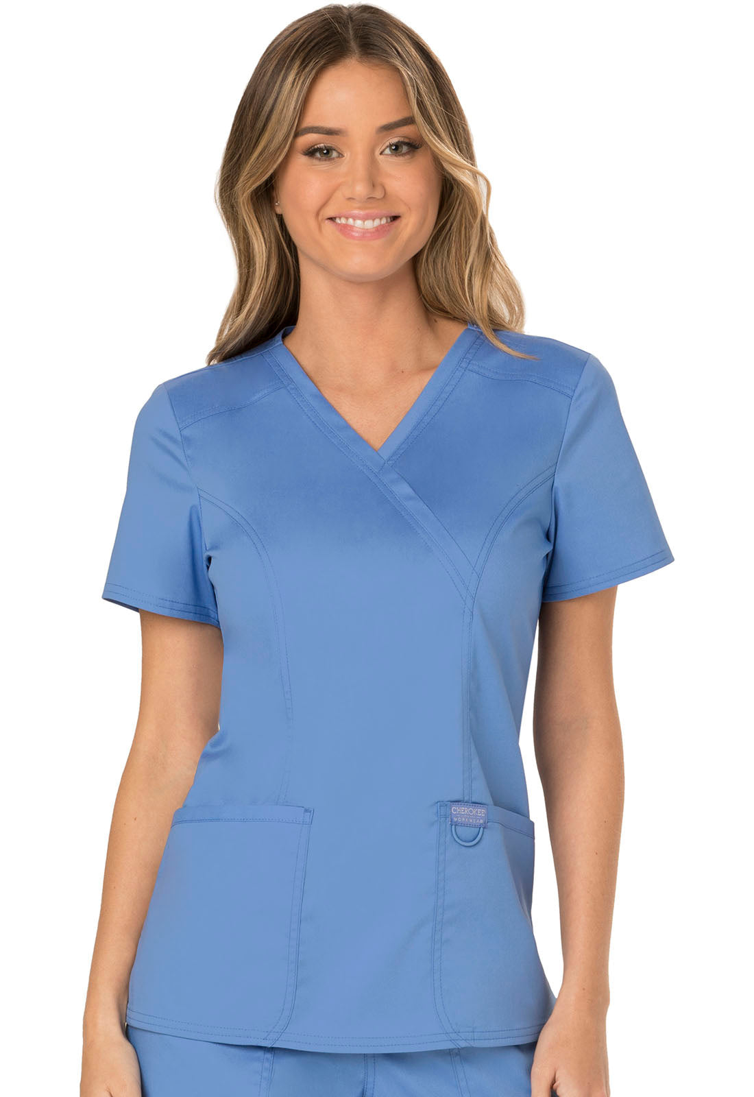 Workwear Revolution WW610 Women's Mock Wrap Scrub Top Ciel Blue