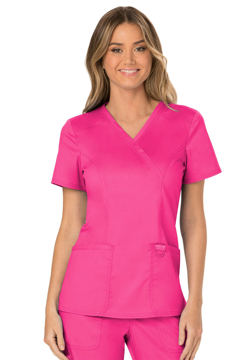 Workwear Revolution WW610 Women's Mock Wrap Scrub Top Electric Pink