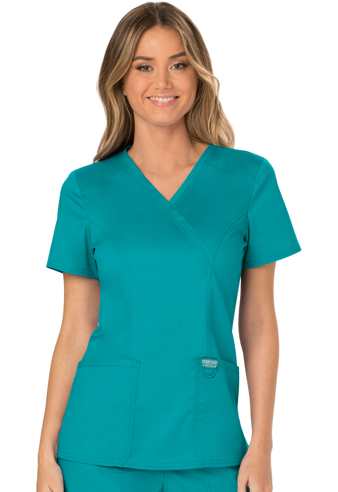 Workwear Revolution WW610 Women's Mock Wrap Scrub Top Teal Blue