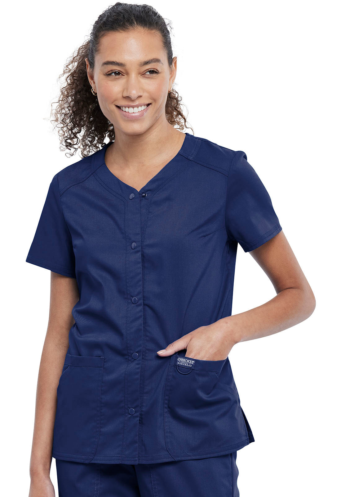 Revolution WW622 Snap Front V-Neck Top Navy