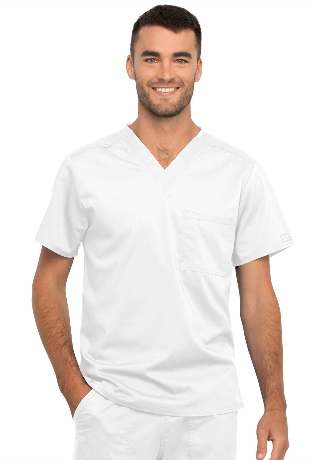 Revolution WW625 Unisex 1 Pocket Tuckable V-Neck Top White