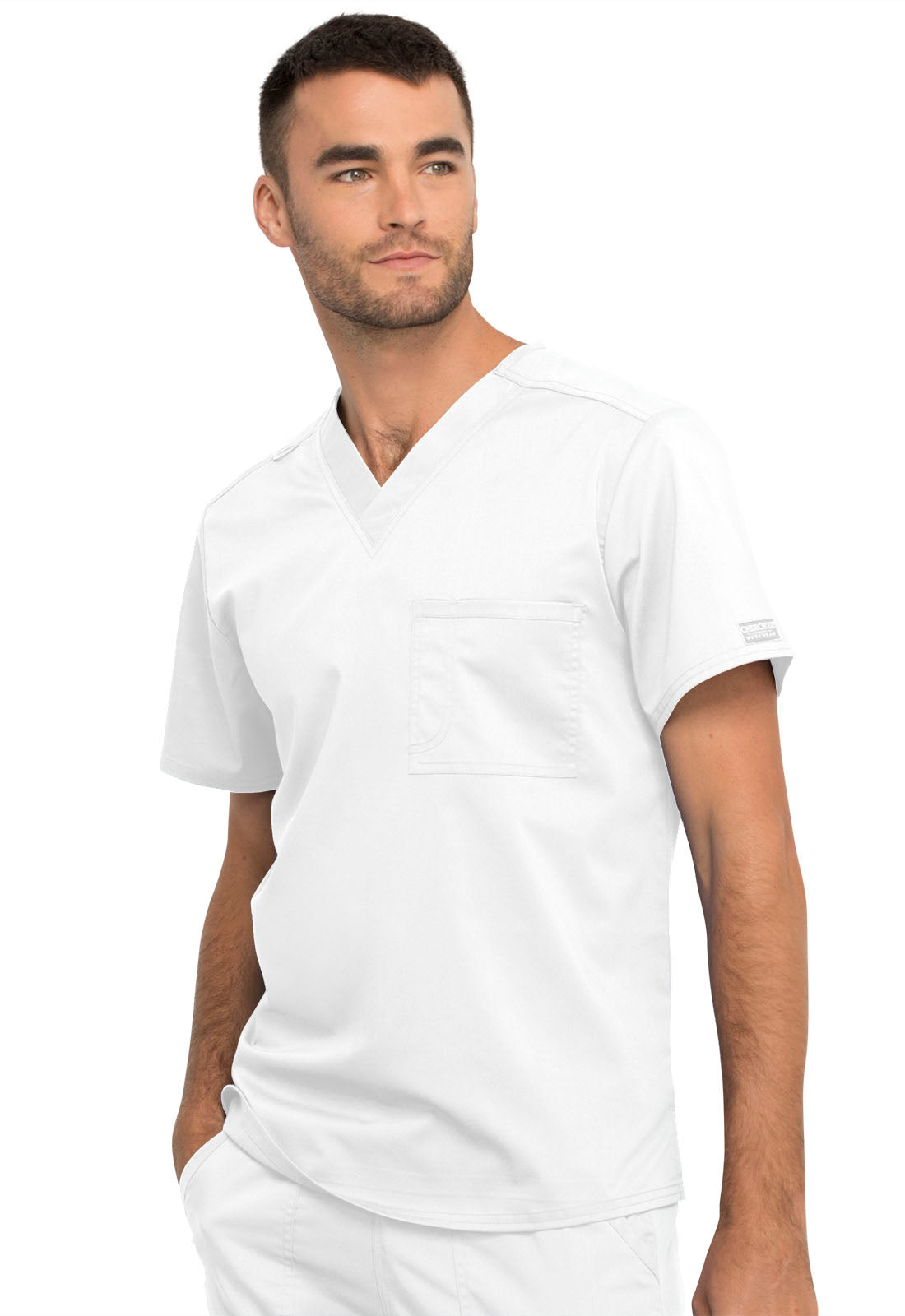 Revolution WW625 Unisex 1 Pocket Tuckable V-Neck Top White
