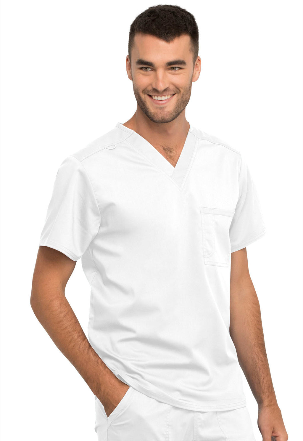 Revolution WW625 Unisex 1 Pocket Tuckable V-Neck Top White