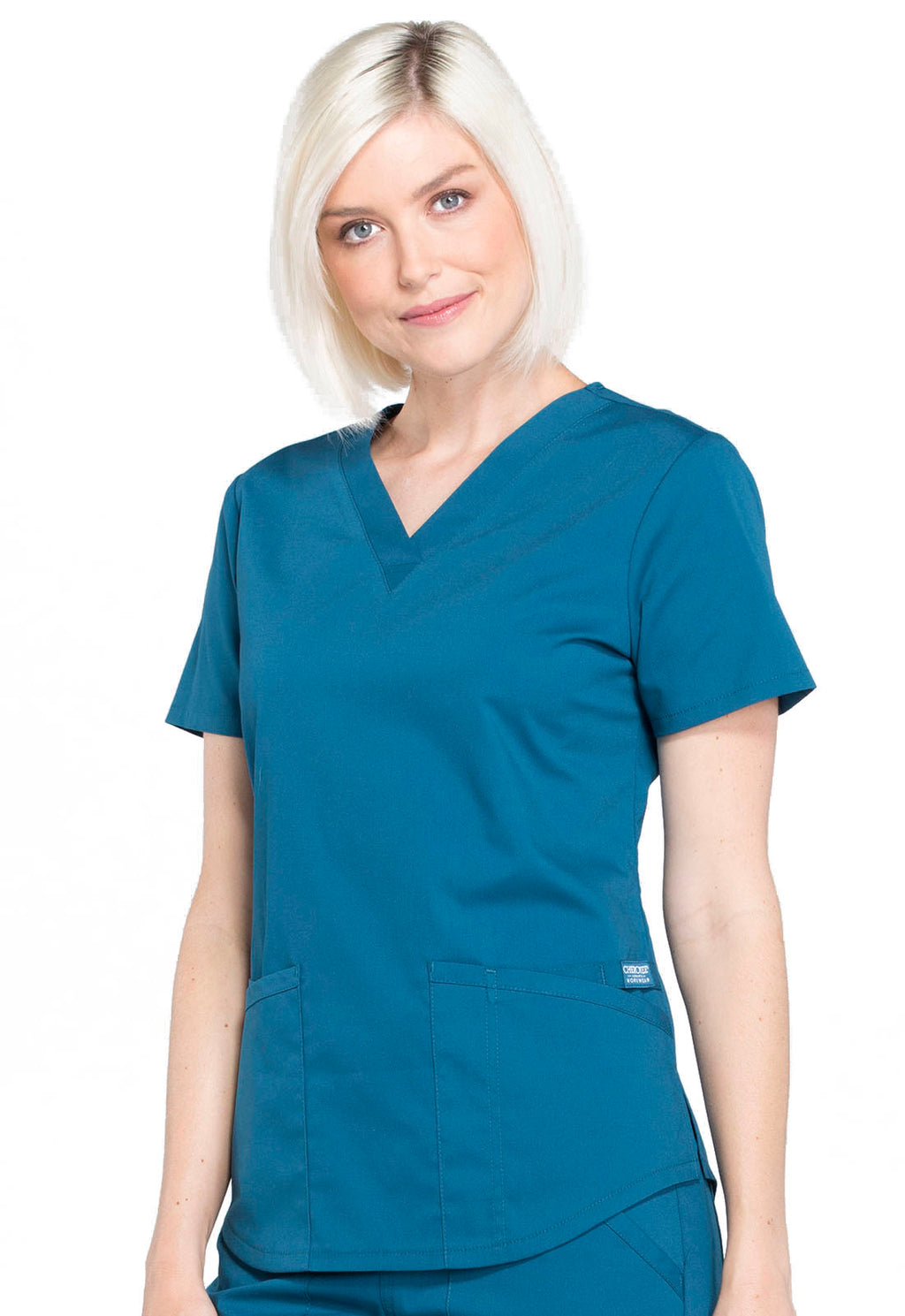 Professionals WW665 V-Neck Top Caribbean Blue Model Image Right Side | Cherokee Workwear