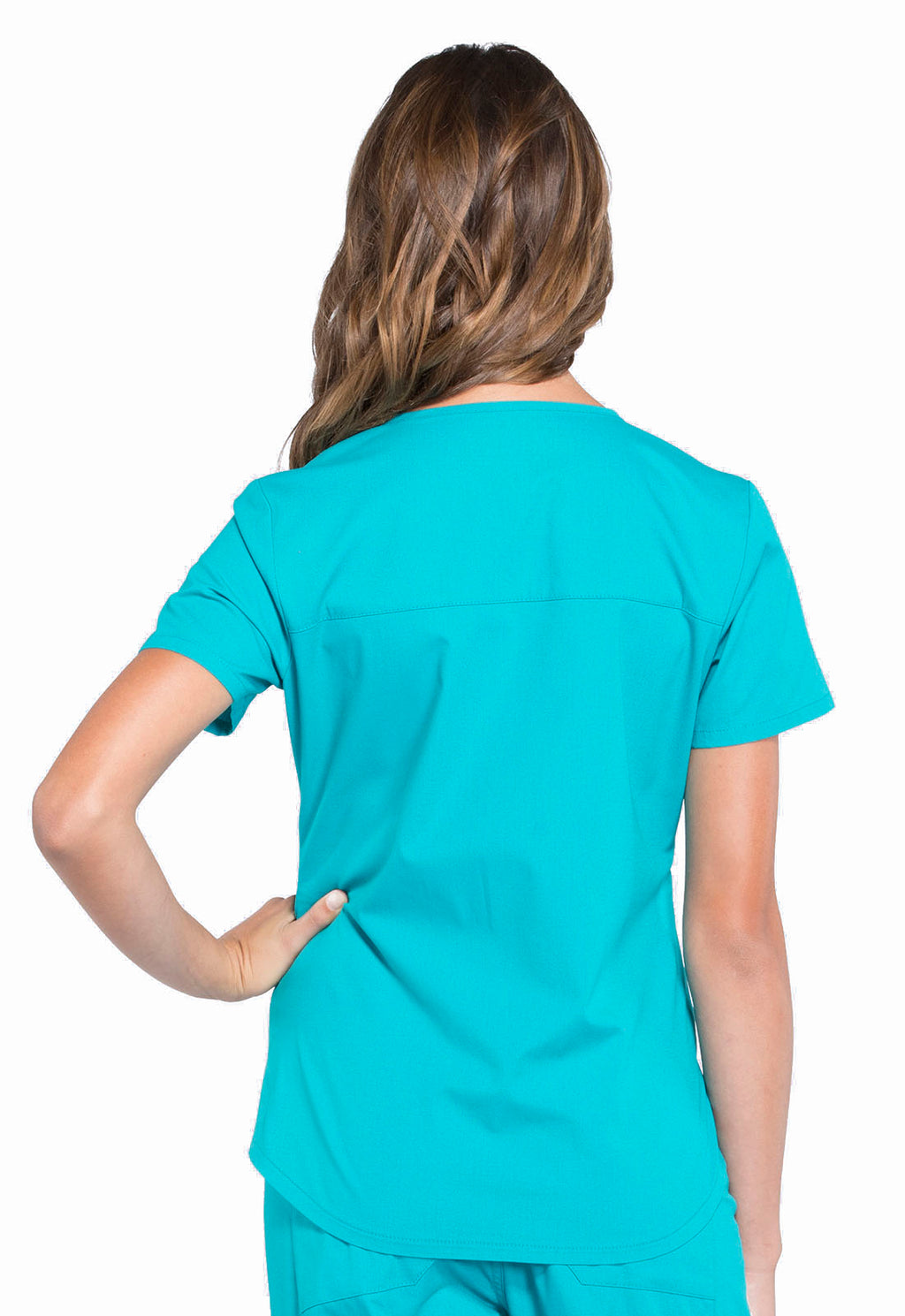 Professionals WW665 V-Neck Top Teal Blue Model Image Back | Cherokee Workwear