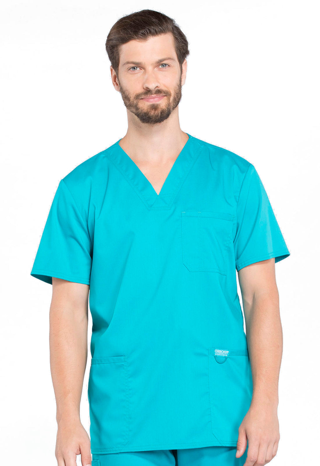 Revolution WW670 Men's V-Neck Top Teal Blue Model Image Front | Cherokee Workwear