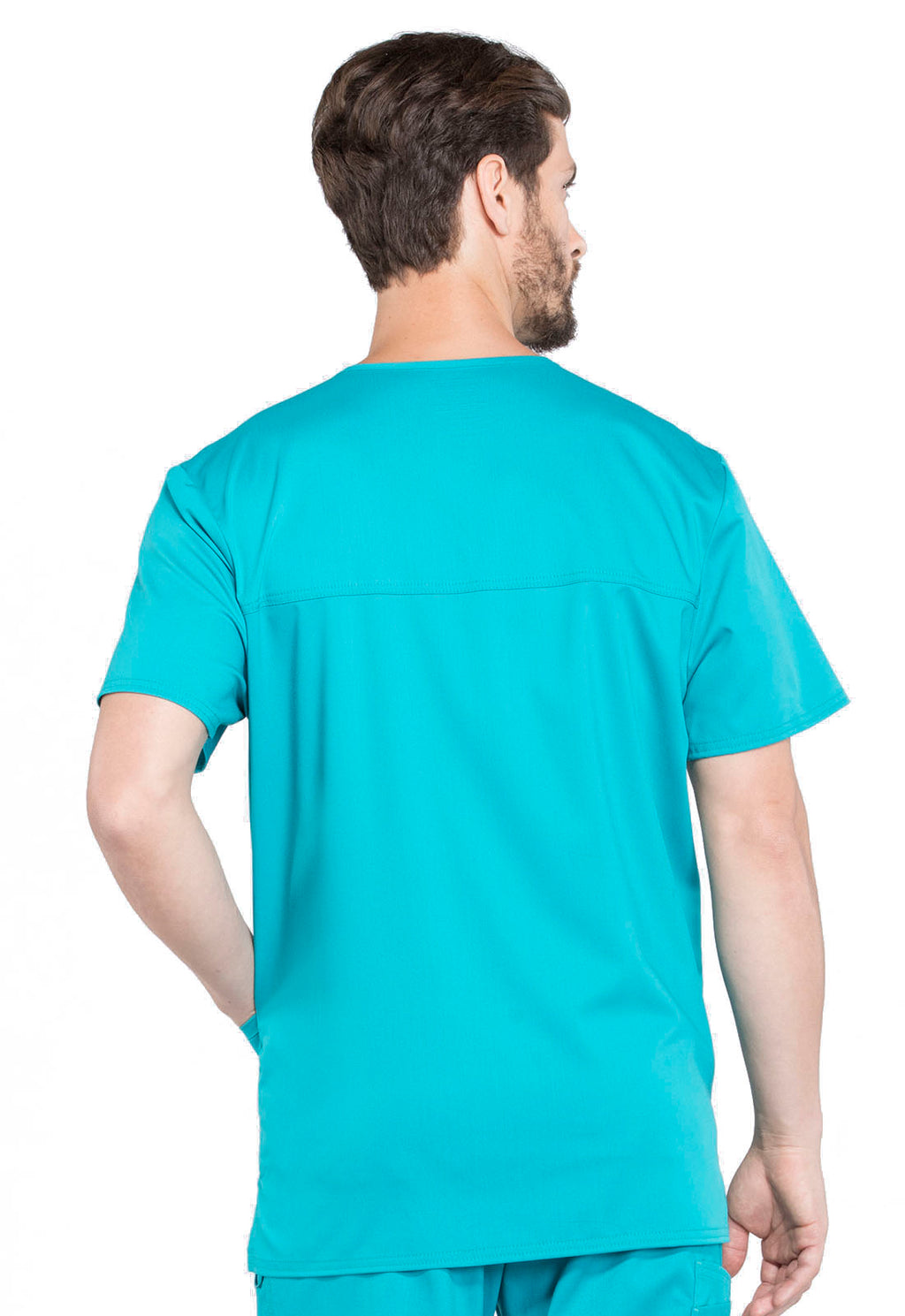 Revolution WW670 Men's V-Neck Top Teal Blue Model Image Back | Cherokee Workwear