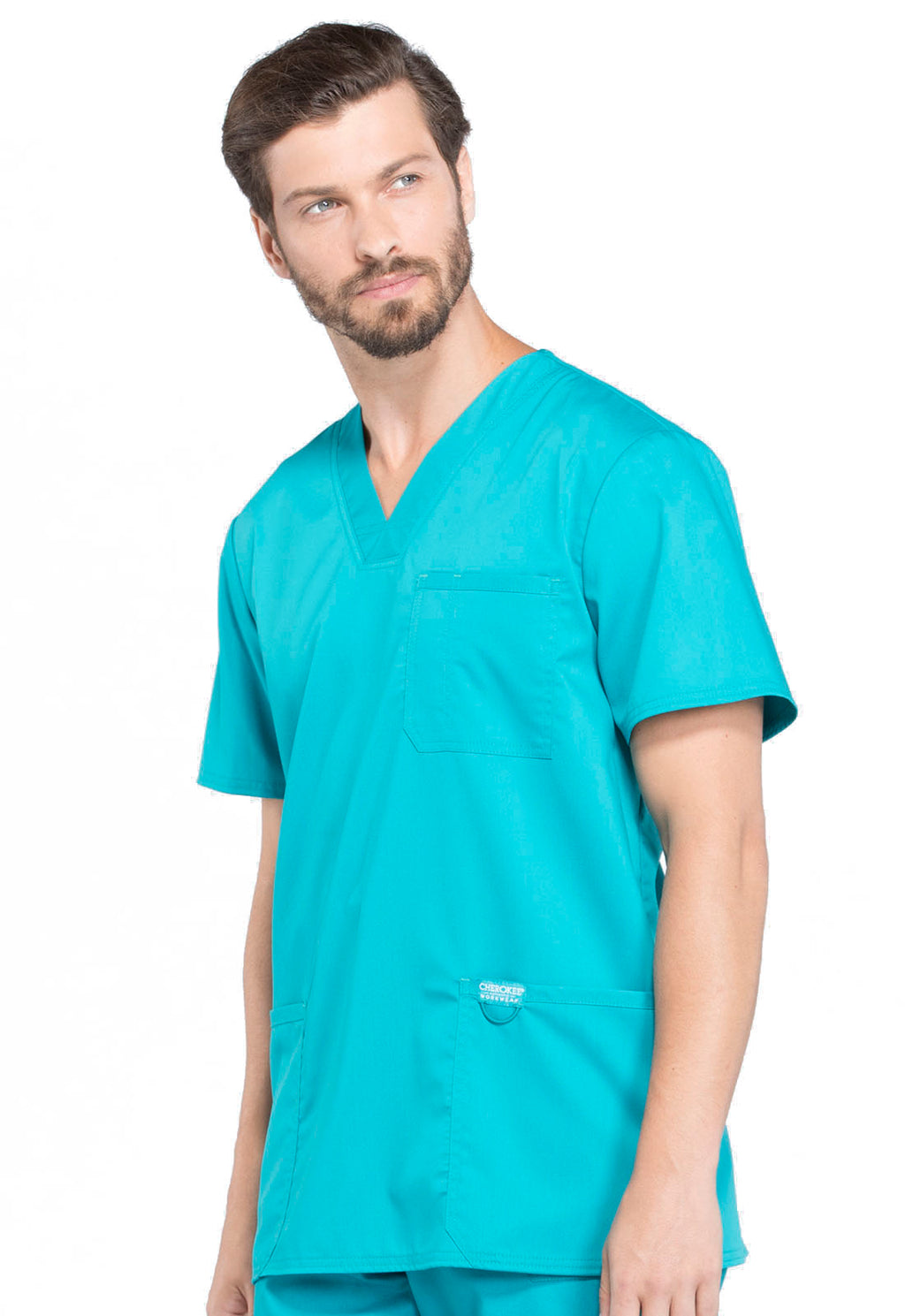 Revolution WW670 Men's V-Neck Top Teal Blue Model Image Right Side | Cherokee Workwear