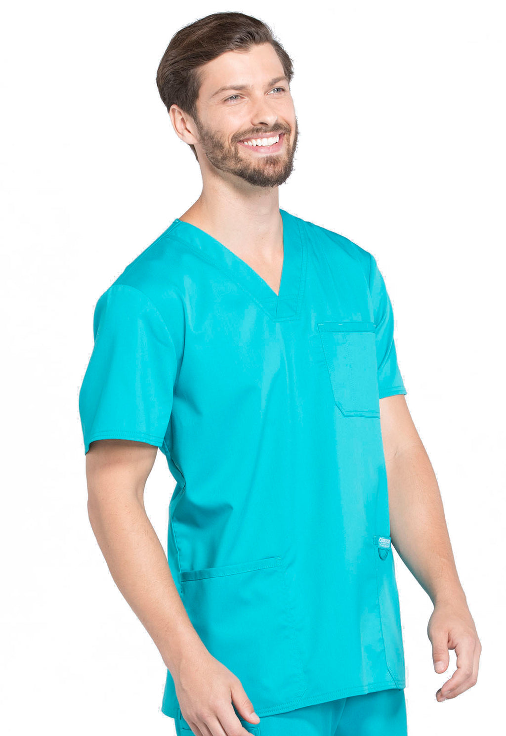 Revolution WW670 Men's V-Neck Top Teal Blue Model Image Left Side | Cherokee Workwear