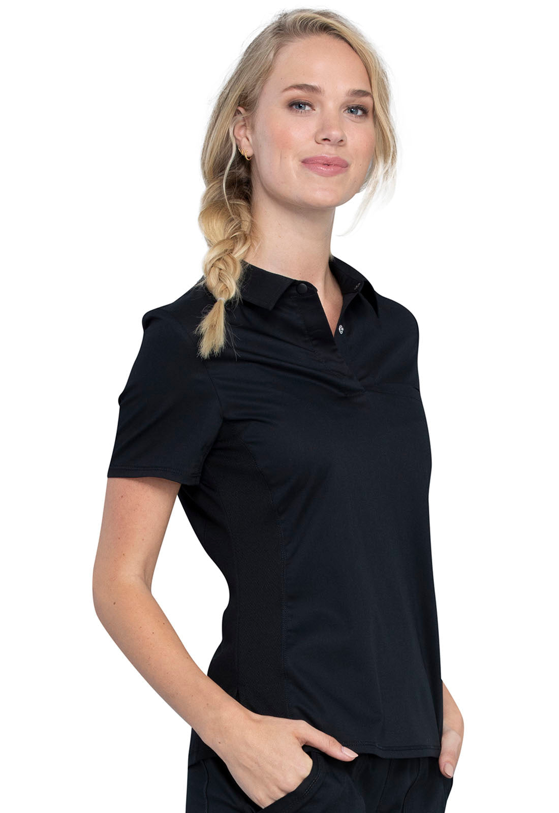 Revolution WW698 Tuckable Snap Front Polo Shirt Black Model Image Left Side | Cherokee Workwear