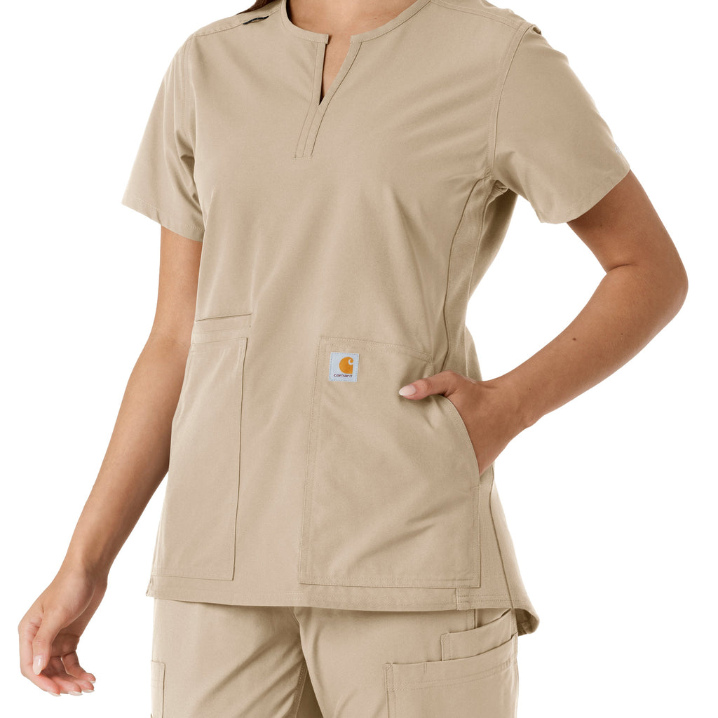 Force Essentials C12413 Notch Neck Tunic Knit Panel Scrub Top Khaki