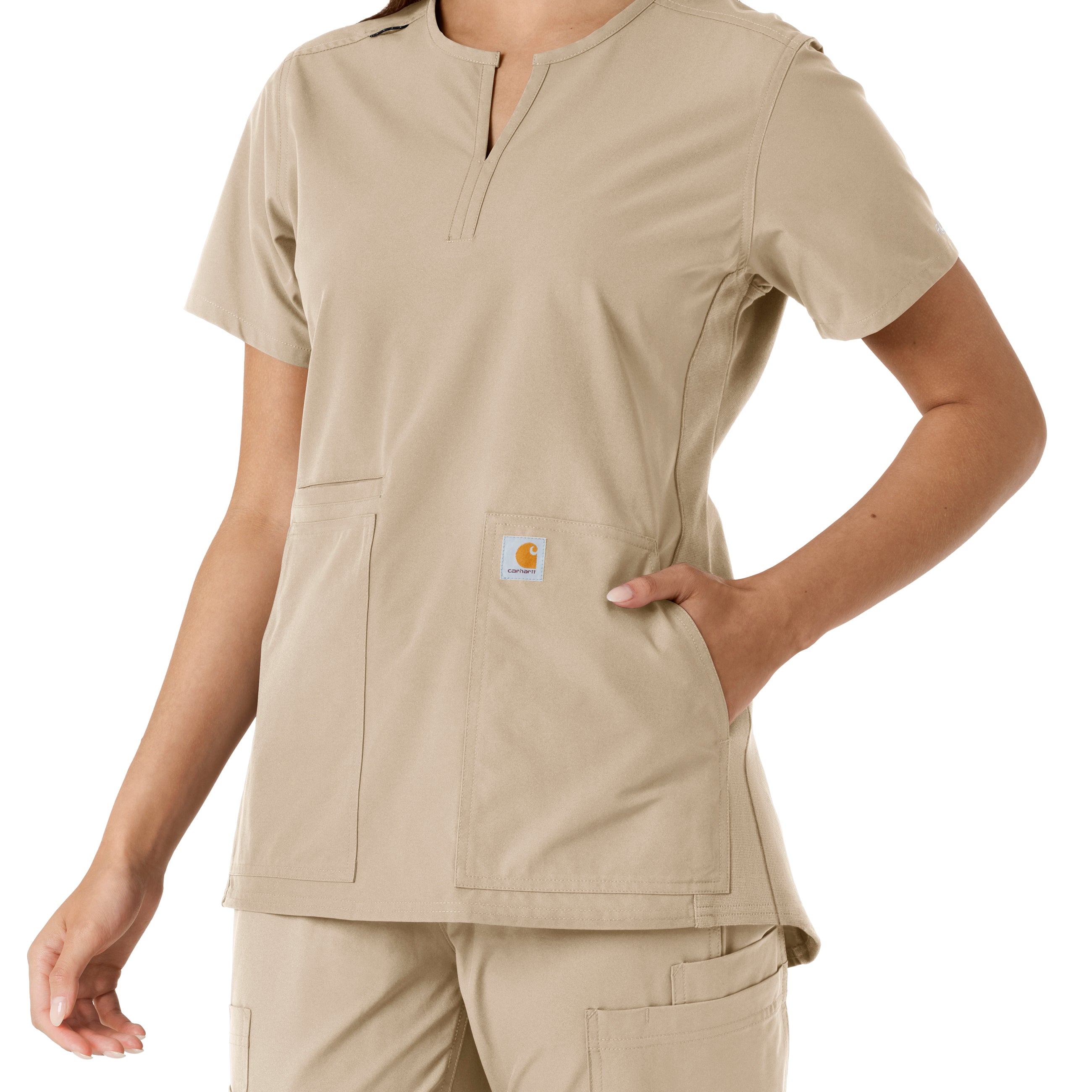 Force Essentials C12413 Notch Neck Tunic Knit Panel Scrub Top Khaki