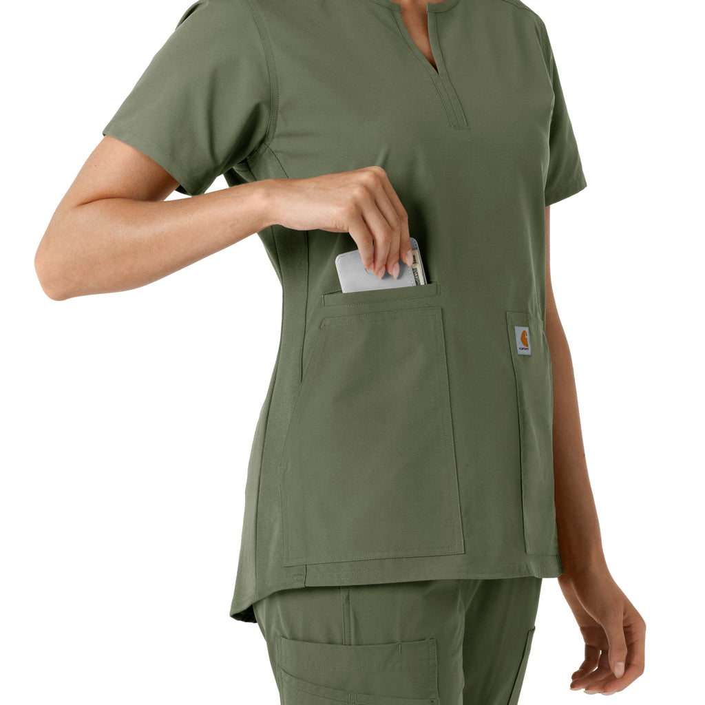 Force Essentials C12413 Notch Neck Tunic Knit Panel Scrub Top Olive