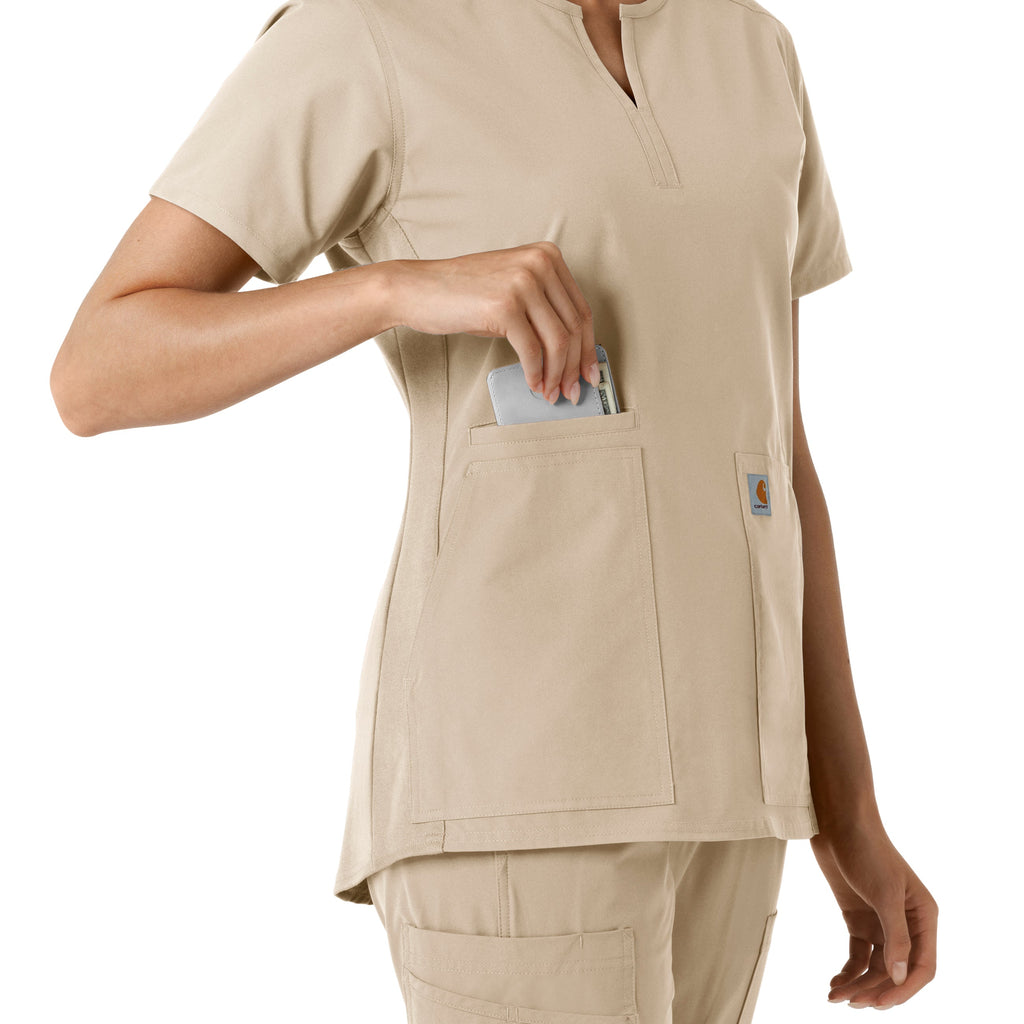 Force Essentials C12413 Notch Neck Tunic Knit Panel Scrub Top Khaki