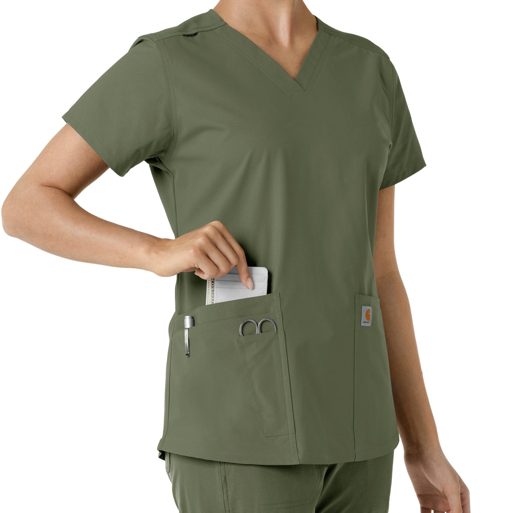 Force Essentials C12313 V-Neck Knit Panel Scrub Top Olive