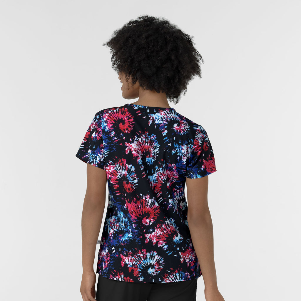 Fashion Prints 6347 Women's V-Neck Border Print Scrub Top Freedom Sparkle Black