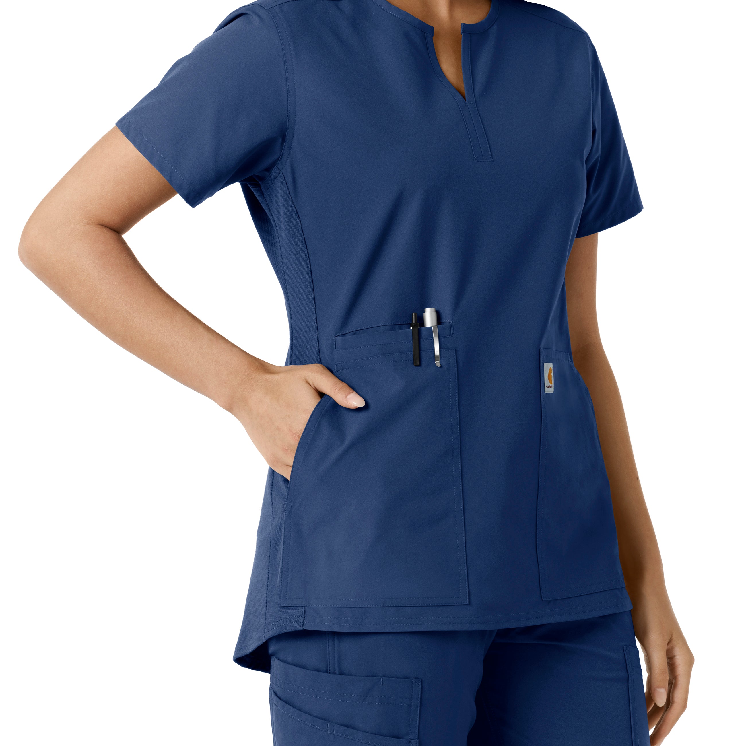 Force Essentials C12413 Notch Neck Tunic Knit Panel Scrub Top Navy
