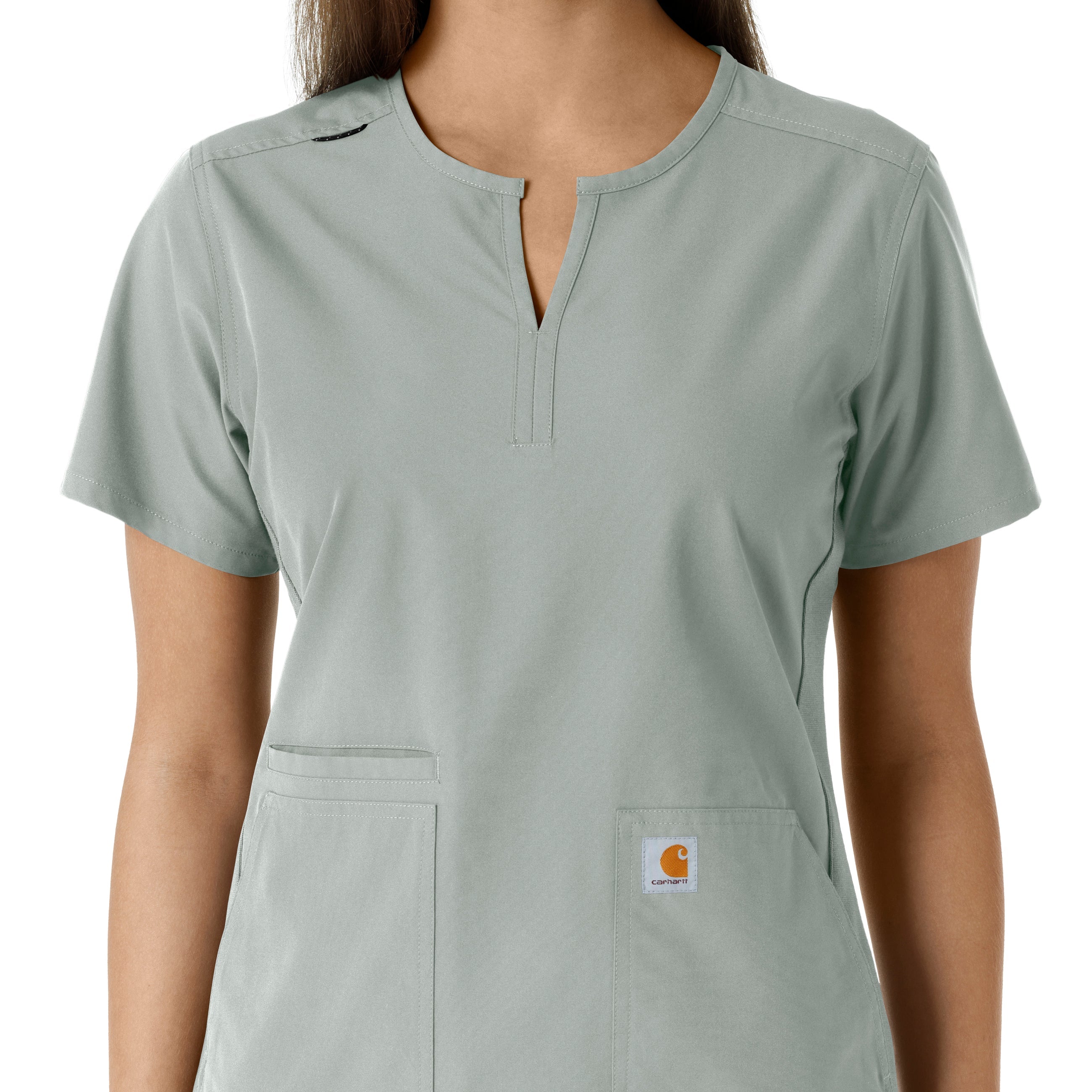 Force Essentials C12413 Notch Neck Tunic Knit Panel Scrub Top Grey