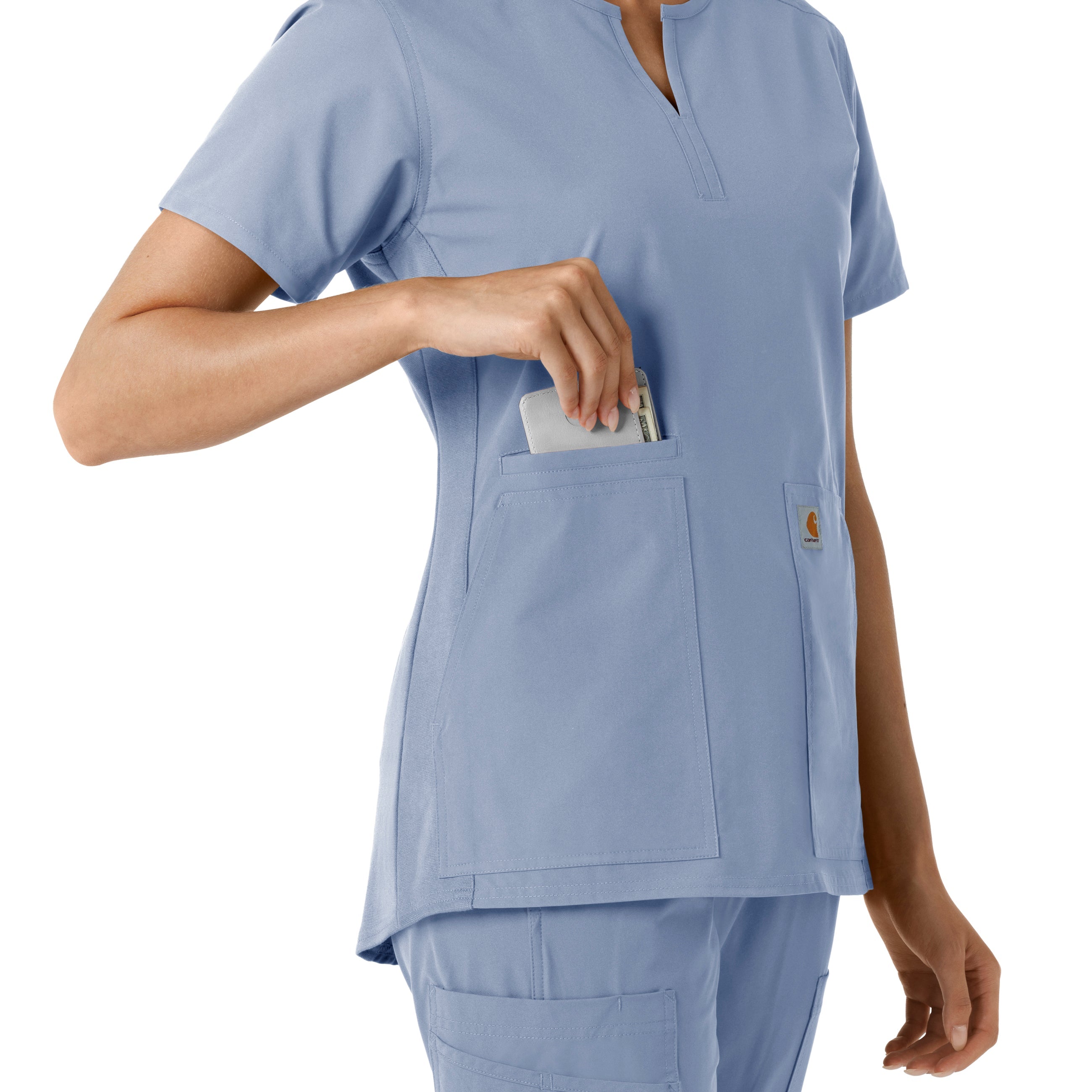 Force Essentials C12413 Notch Neck Tunic Knit Panel Scrub Top Ceil Blue