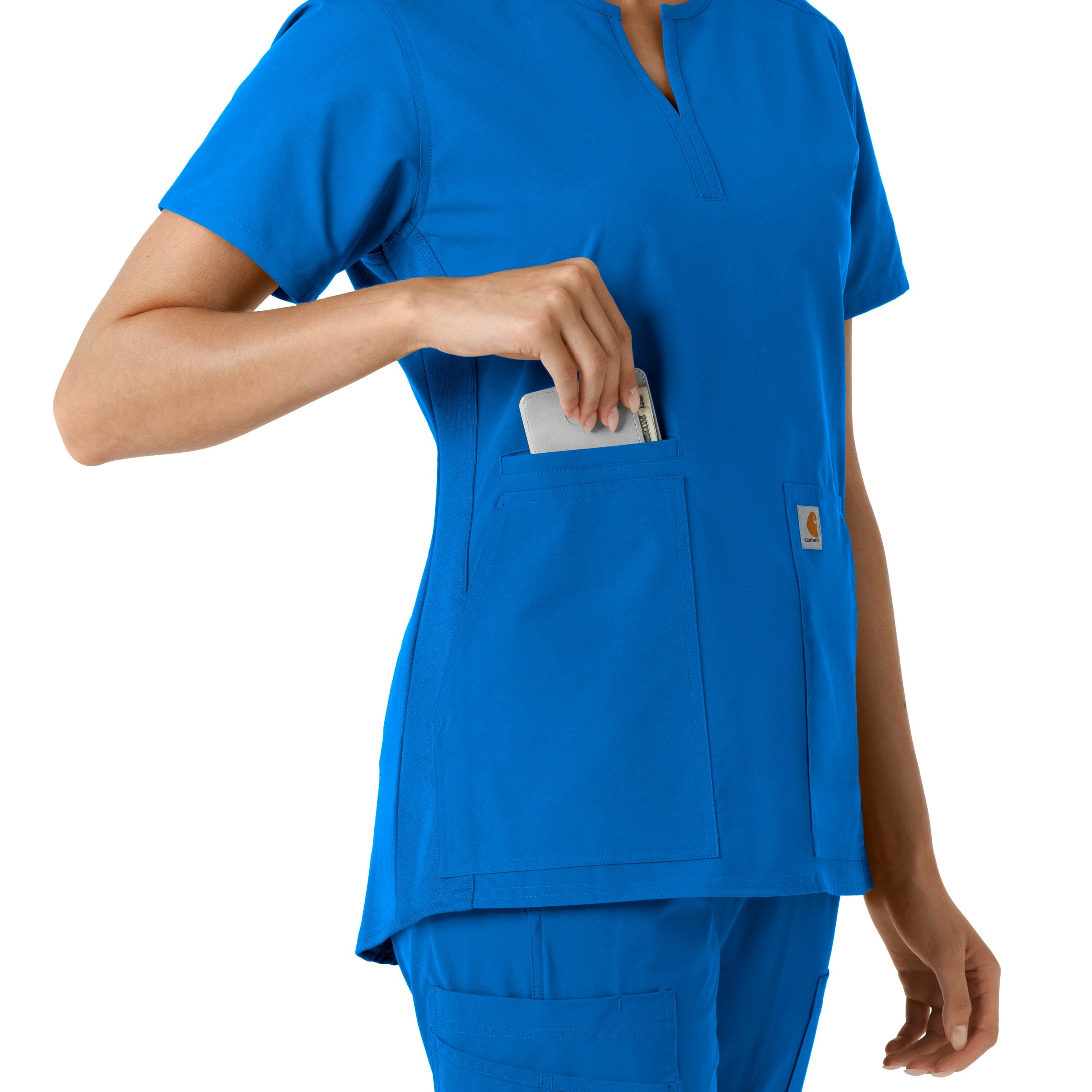Force Essentials C12413 Notch Neck Tunic Knit Panel Scrub Top Royal