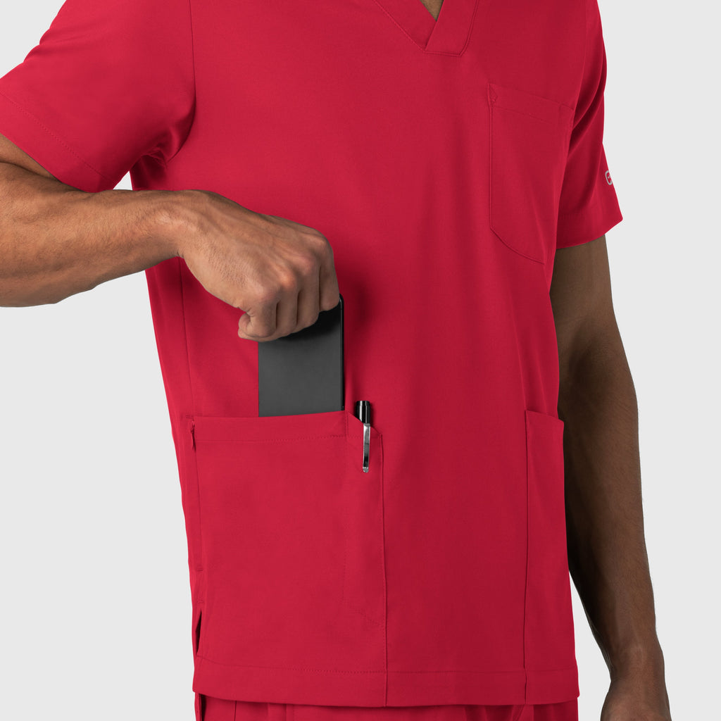 Boundless 6351 Men's Multi Pocket V-Neck Scrub Top Red